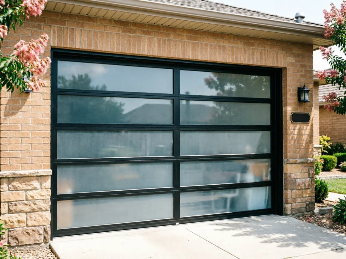 A modern black garage door with frosted glass panels on a brick house.