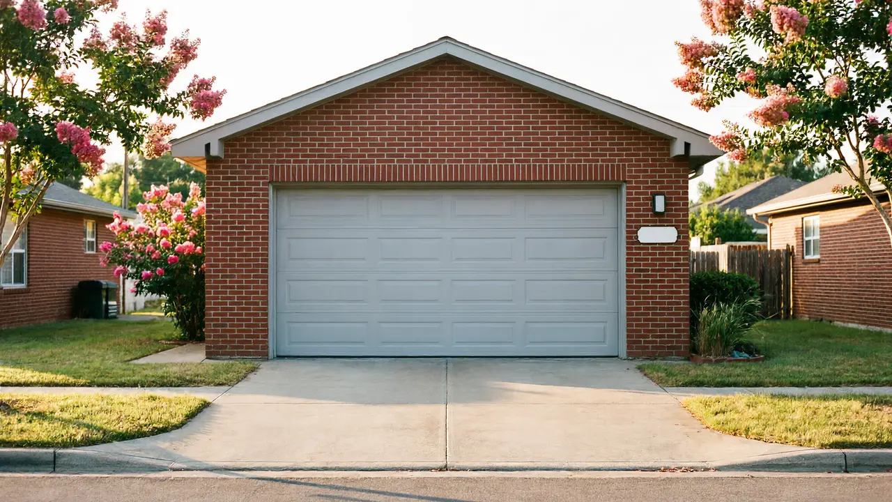 A light gray garage door on a red brick house with pink flowering trees.