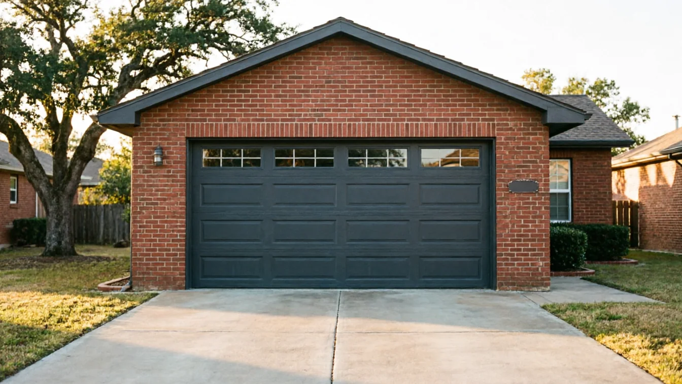 A brick house with a dark gray garage door and a concrete driveway.