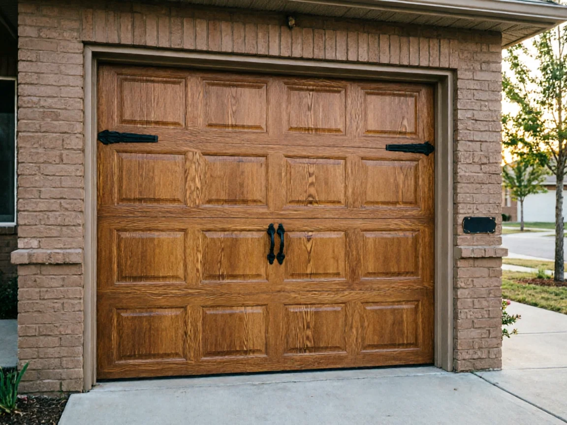The brown wooden garage door has black decorative hinges and handles.